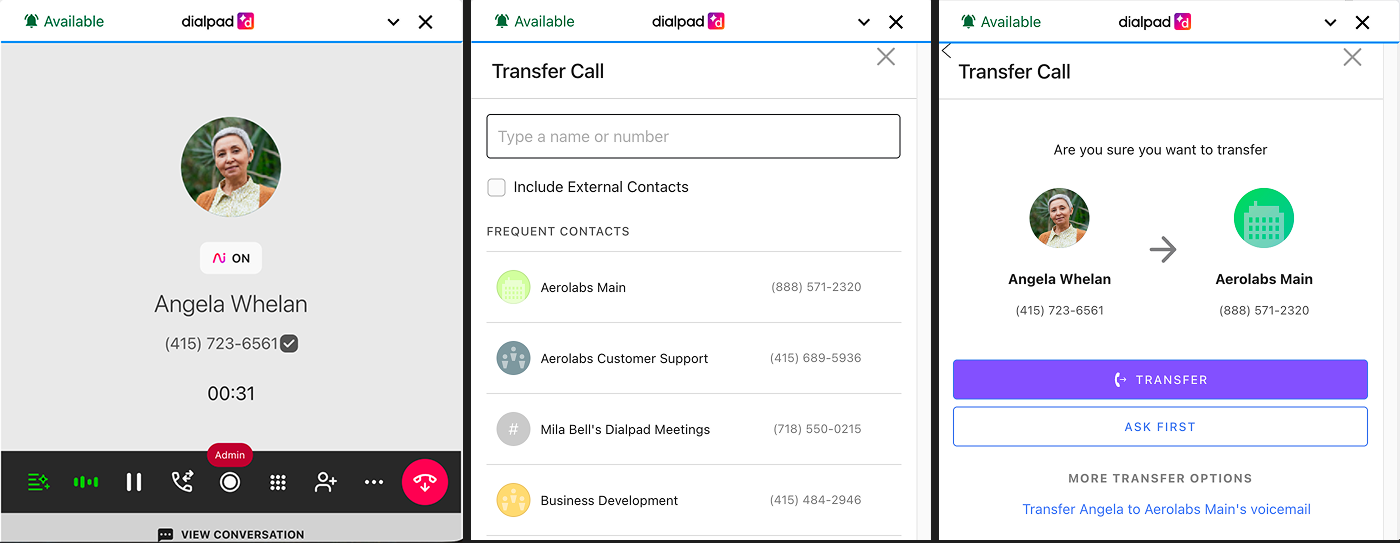 Call transfer interface showing contact details.
